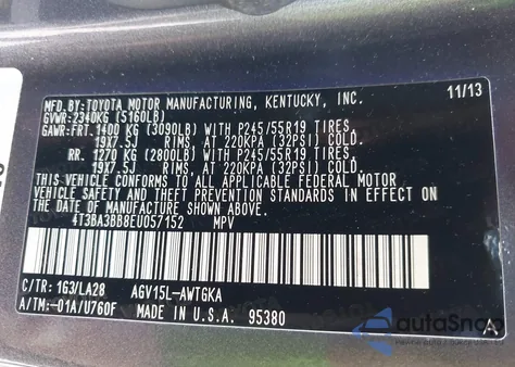 2014 Toyota Venza Le/Xle z USA, uszkodzony, nr VIN 4T3BA3BB8EU057152